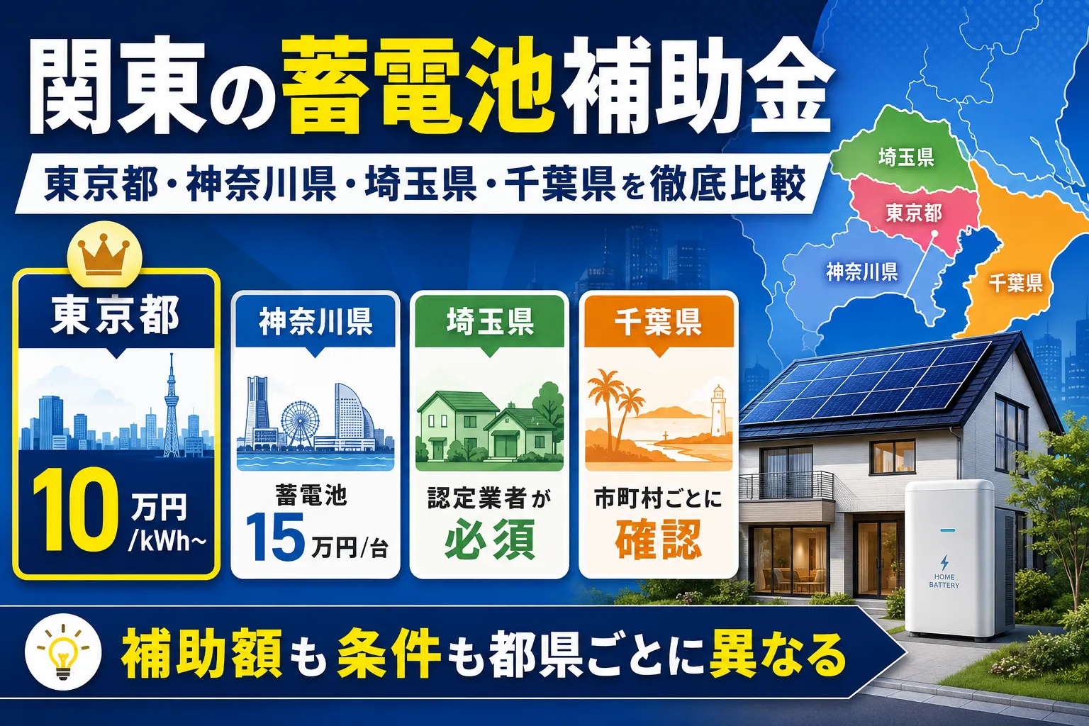 関東の蓄電池補助金|東京都・神奈川県・埼玉県・千葉県を徹底比較