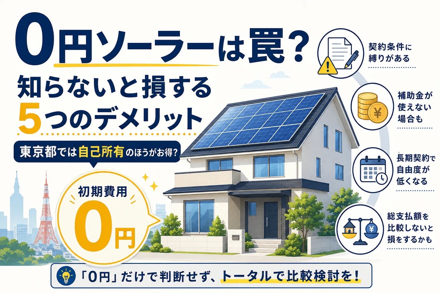 0円ソーラーは罠？デメリットが多い？東京都では自己所有のほうが得になる理由もプロが解説
