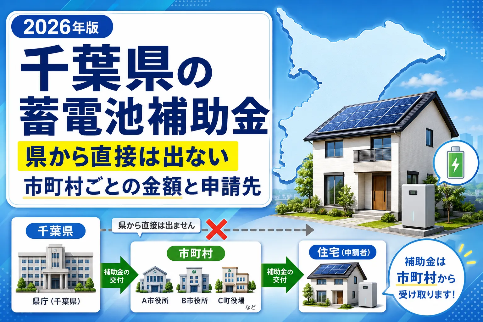 千葉県の蓄電池補助金は県から直接は出ない|市町村ごとの金額と申請先
