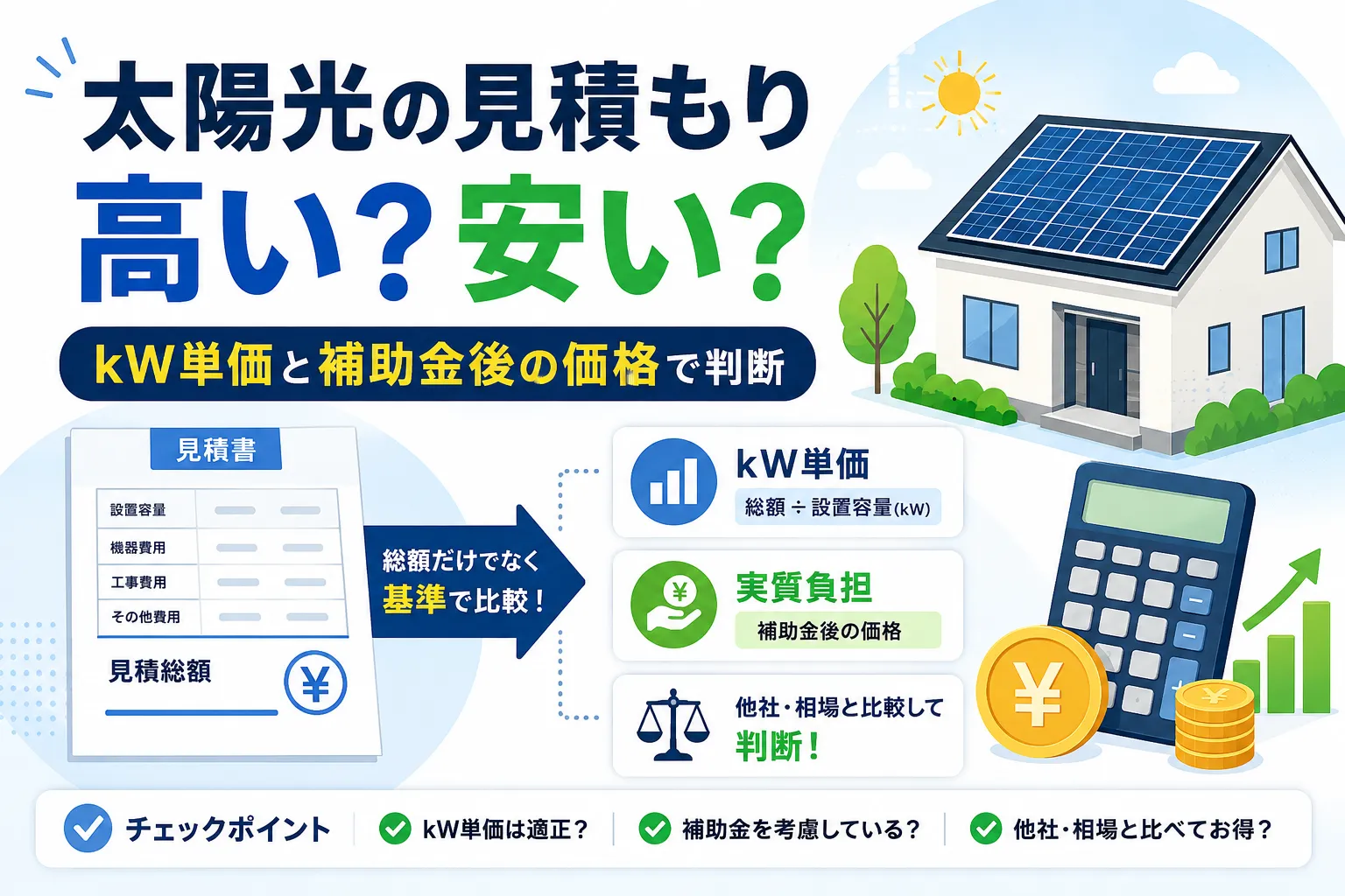 太陽光の見積もりが高いか判断する方法｜kW単価の目安と補助金後の適正価格