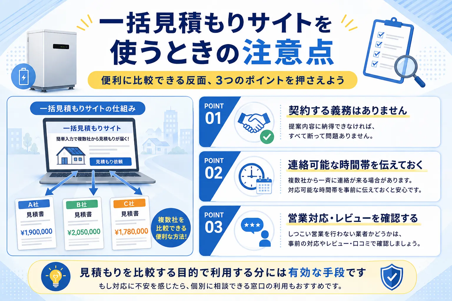 蓄電池の見積もりを一括見積もりサイトで取るときの注意点