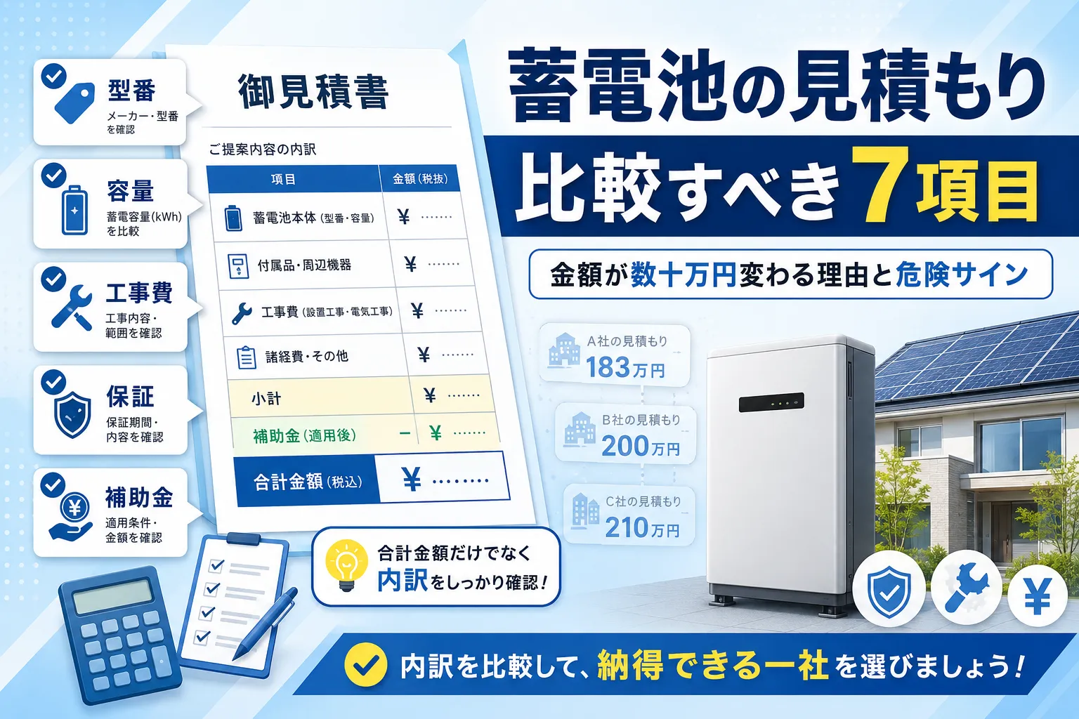 蓄電池の見積もりで比較すべき7項目｜金額が数十万円変わる理由と危険サイン